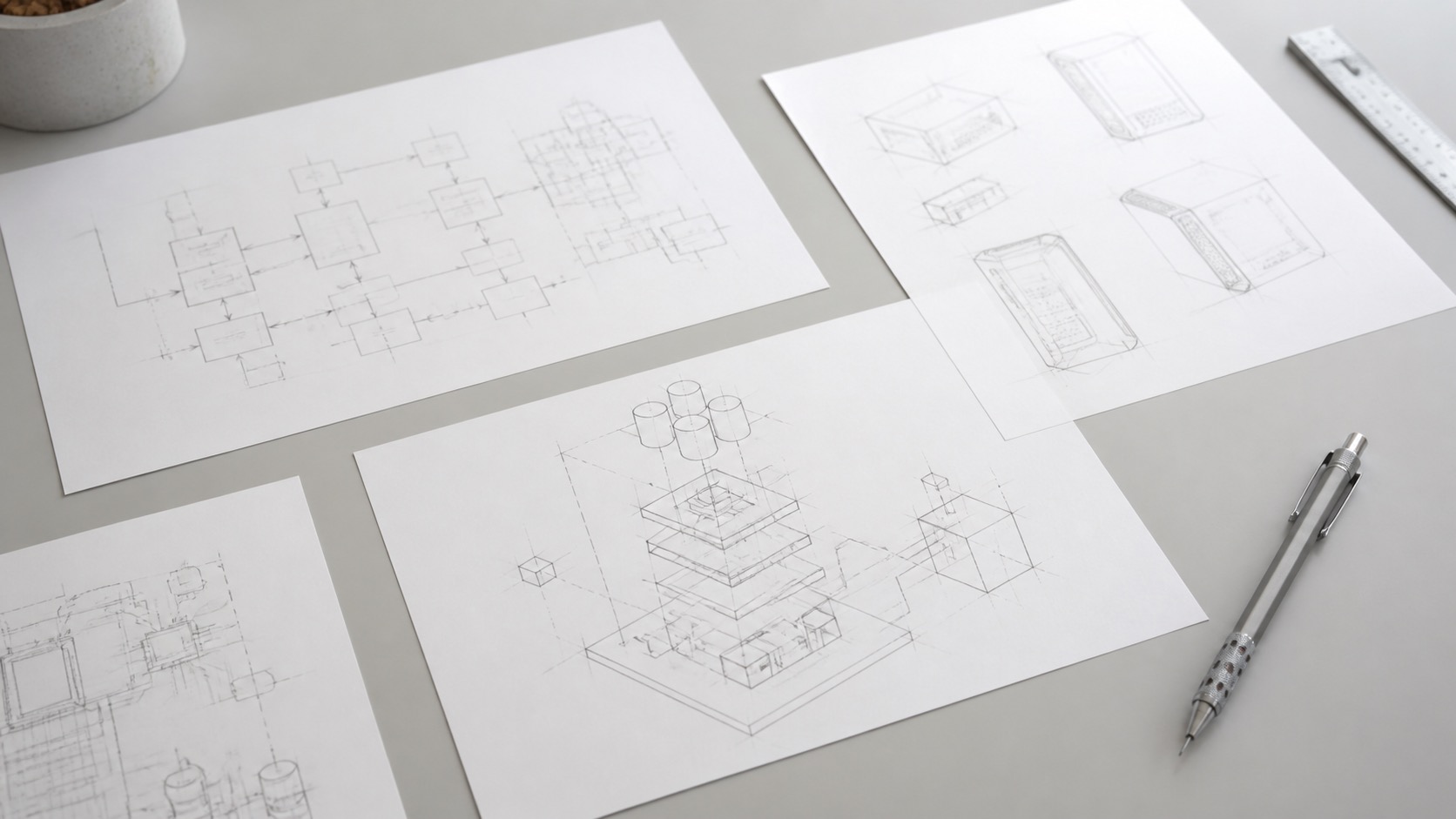 Technical architecture sketches on paper