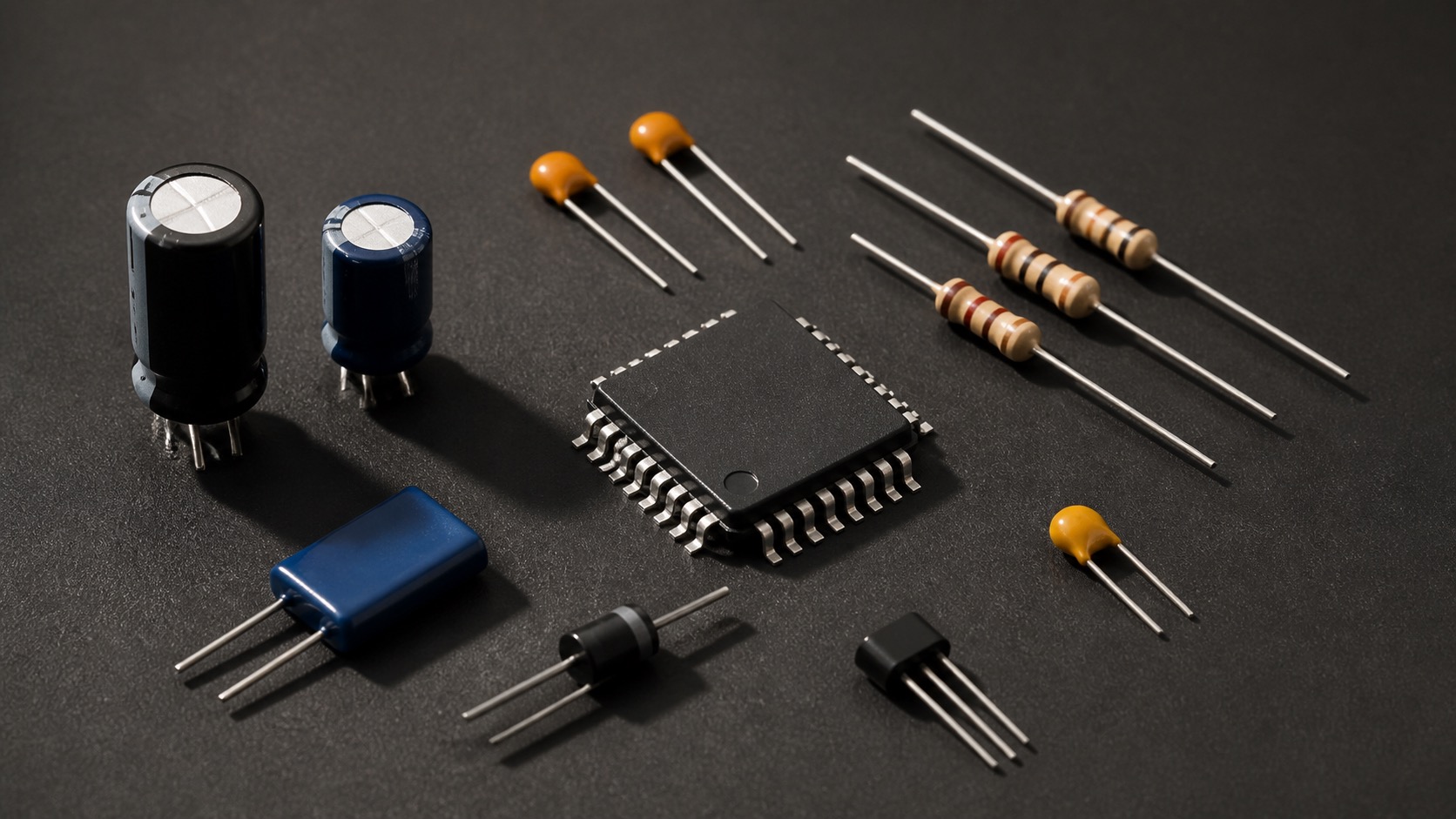 Electronic components on dark surface